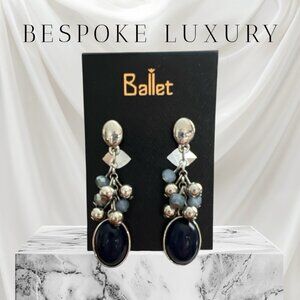 Ballet 2 1/4" Silver Tone/Light Blue/Navy Clip-On Dangle Earrings-NWOT